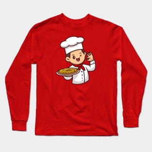 Cute Chef With Pizza Cartoon Vector Icon Illustration Long Sleeve T-Shirt